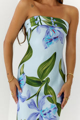 Tropical Escape Strapless Satin Maxi Dress Blue