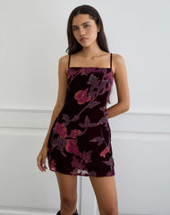Alvana Mini Dress in Floral Devore Burgundy