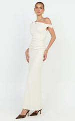 Veda Maxi Dress - Asymmetric One Shoulder Ruched Maxi Dress in Cream