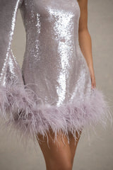 Free Soul Lilac Sequin One Shoulder Feather Trim Mini Dress