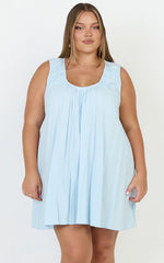 Lucinda Mini Dress - Deep U Gathered Neck Smock Dress in Pale Blue