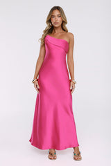 Romantic Tales Satin One Shoulder Maxi Dress Hot Pink