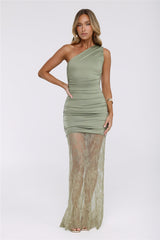 Headliner Muse One Shoulder Lace Maxi Dress Green