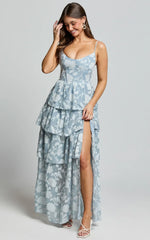 Janezkie Maxi Dress - Femme Tiered Jacquard Formal Dress In Light Blue