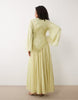 crinkle chiffon gathered maxi dress with micro ruffles in olive green