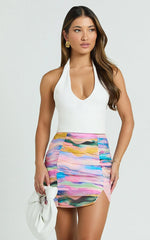 Amalie The Label - Kiama Gathered Side Slit Mini Skirt in Abstract Sunset Print