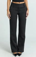Elliot Pants - Mid Rise Pinstripe Bootleg Pants in Black Pinstripe