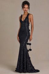 Embellished Plunge Open Back Gown in Black