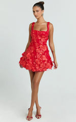 Sienna Mini Dress - 3D Floral Fit And Flare Dress in Red