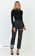 Billie Jeans - High Waisted Cotton Distressed Mom Denim Jeans in Black Wash