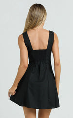 Linen Square Neck Shirred Back A Line Dress in Black