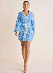 Belted Mini Shirt Dress Blue Allover Spring Paisley