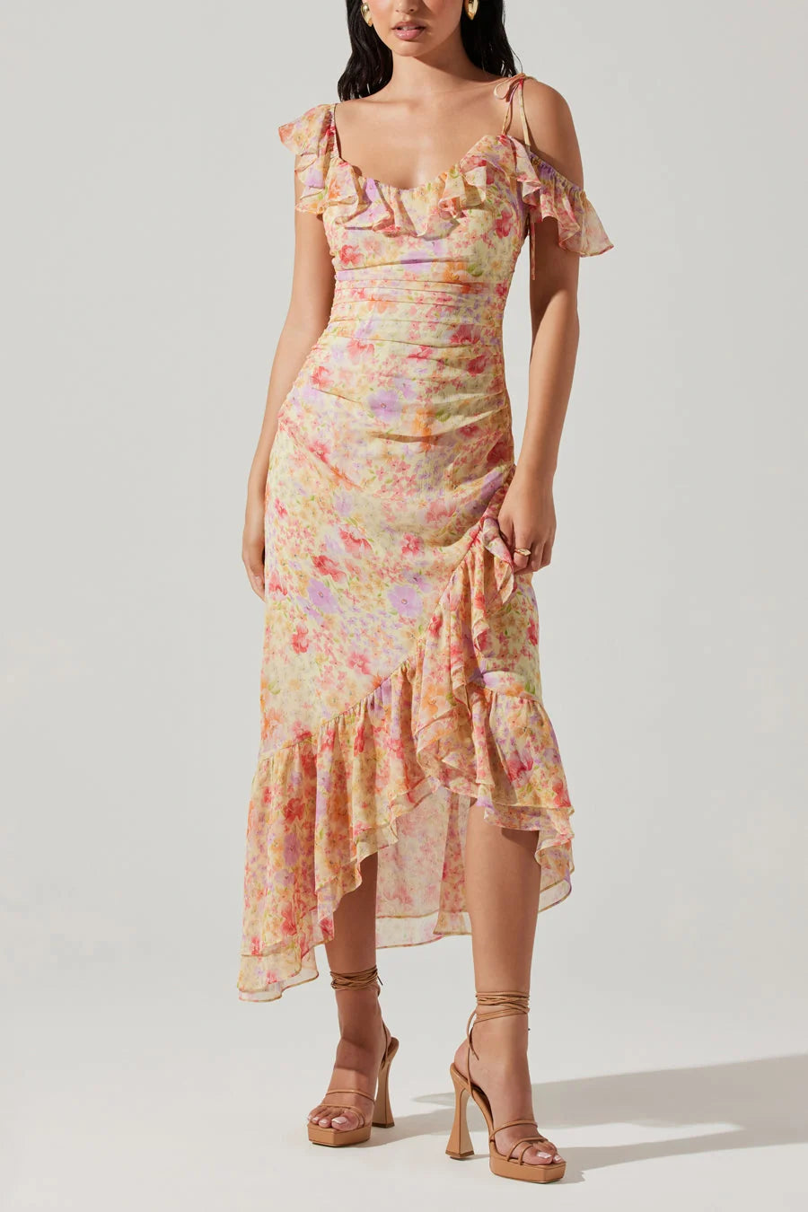 ASTR Luvita Floral Ruffle Chiffon Midi Dress