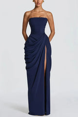 Cyra Back Lace-up Asymmetrical Pleats Strapless Slit Maxi Dress