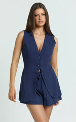 Olivia Top - Longline Linen V Neck Back Tie Vest Top in Navy