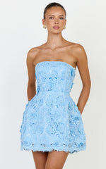 Maristella Mini Dress - Strapless Lace Up Back A Line Dress in Blue