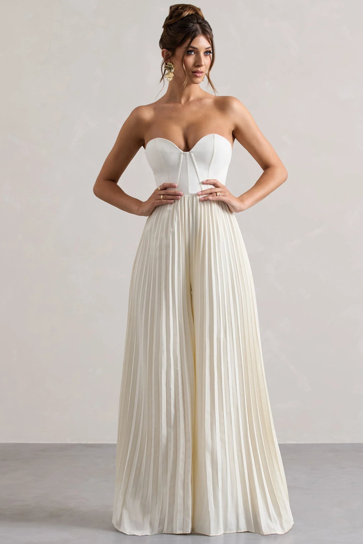 Lorelai Cream Corset Plisse Wide Leg Jumpsuit