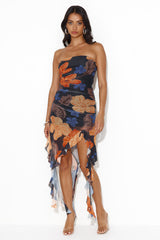 Space Apart Strapless Mesh Frill Midi Dress Black