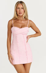 Gigi Mini Linen Blend Dress - Sweetheart Tie Back Scallop Detail Dress in Pink