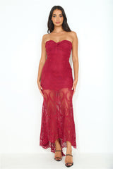 Piano Playing Lace Strapless Maxi Dress Wine