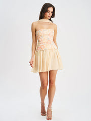 Quanisha Yellow Beaded Floral Mini Chiffon Dress with Scarf