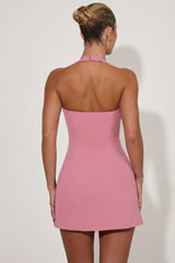 Heart Detail Halterneck A Line Mini Dress in Dusty Pink