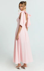 Shoulder Tie Bustier Shirred Back A Line in Pink