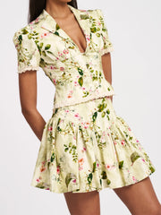 Zanelle Green Floral Print Drop Waist Linen Full Skirt