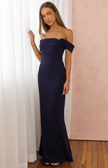 Ella Navy Off Shoulder Crepe Formal Maxi Dress