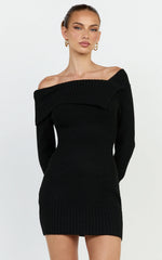 Tess Mini Dress - Asymmetric Off Shoulder Long Sleeve Knit Dress in Black