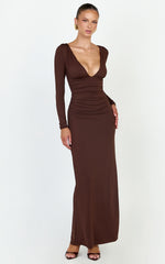 Juniper Maxi Dress - V Neckline Long Sleeve Gathered Detail Dress in Dark Chocolate