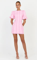 Laila Mini Linen Blend Dress - High Neck Side Cut Out Puff Sleeve Straight Dress in Pink