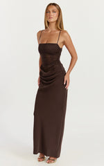 Contrast Lace Bodice Bias Cowl Drop Waist Dress in Chocolate