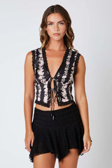 Satin Floral Print Tie Up Top