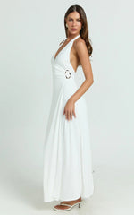 Roseville Midi - Wrap Front Halter Dress with Hardware Detail in White