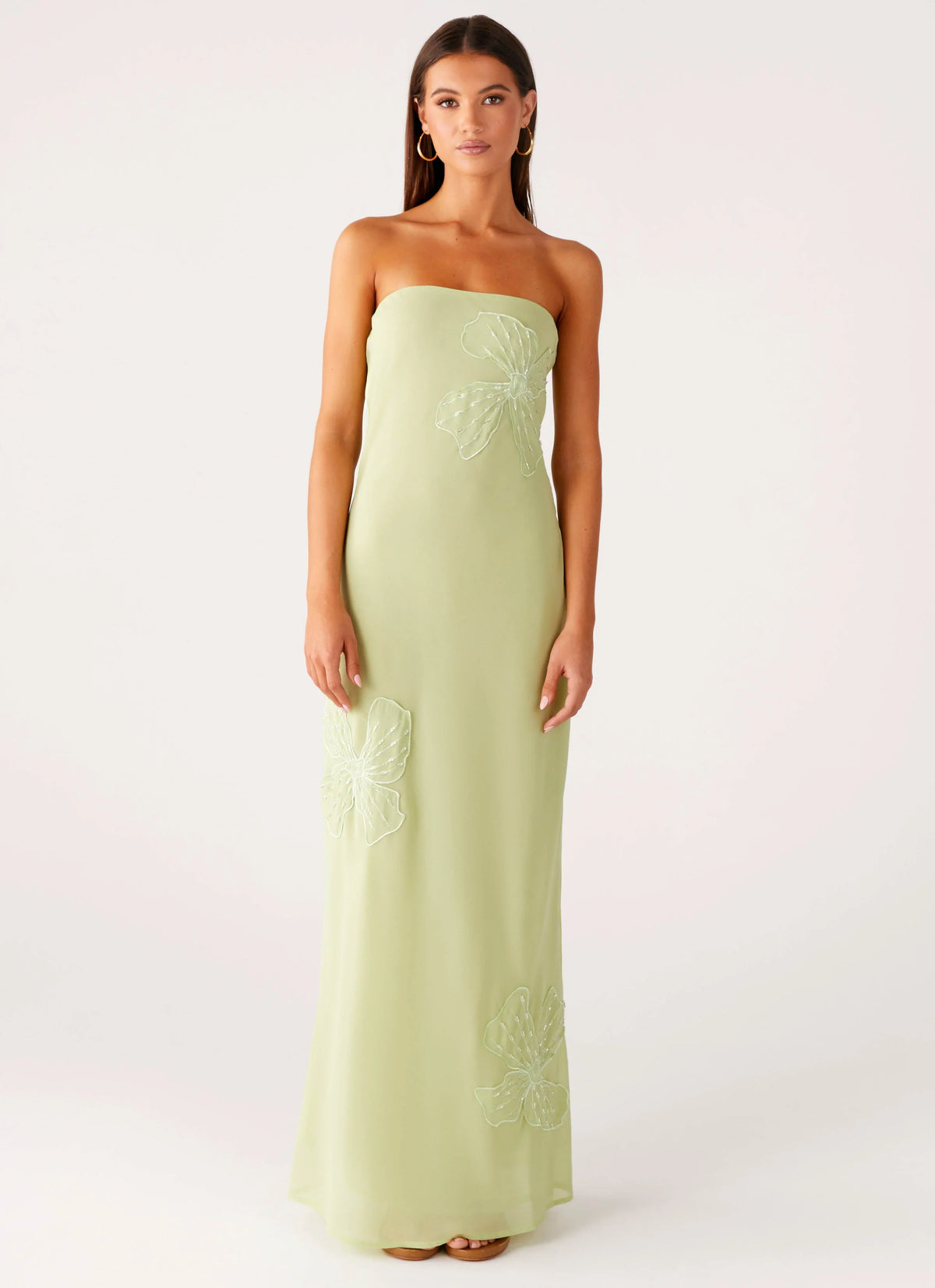 Sassafras Beaded Flower Strapless Maxi Dress Lime