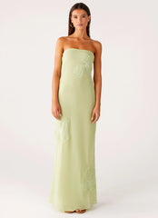 Sassafras Beaded Flower Strapless Maxi Dress Lime