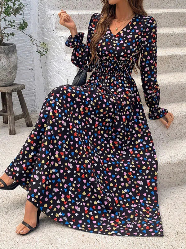 Loose Puff Sleeves Elasticity Floral Printed Split-Joint V-Neck Maxi Dresses