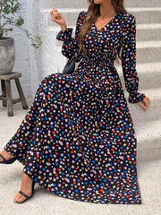 Loose Puff Sleeves Elasticity Floral Printed Split-Joint V-Neck Maxi Dresses
