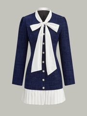 Pleated Hem Bow Neckline Tweed Mini Dress