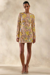 Merdia | Yellow Embellished Floral Crew-Neck Mini Dress