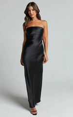 Strapless Cowl Back Satin Dress in Black