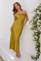 Stylish Season Off Shoulder Satin Midi Dress Olive