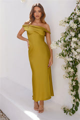 Stylish Season Off Shoulder Satin Midi Dress Olive