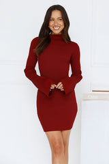 Isla Ribbed Long Sleeve Mini Dress Burgundy