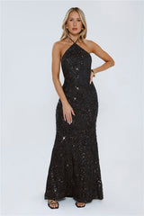 The Sparkling Muse Sequin Halter Maxi Dress Black