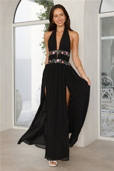 Maldives Garden Halter Maxi Dress Black