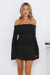 Iced Macaron Off Shoulder Knit Top Black