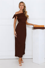 Polished Energy Off Shoulder Maxi Dress Brown