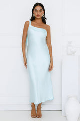 Romantic Tales Satin One Shoulder Maxi Dress Blue